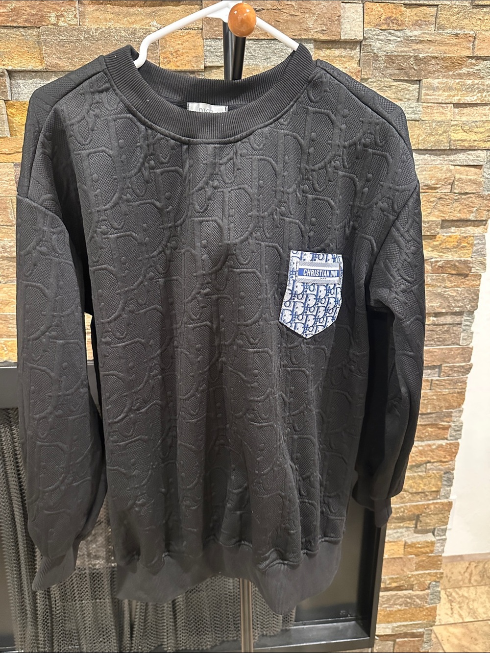 Black Embossed men’s Sweatshirt with Blue Logo Pocket size S
